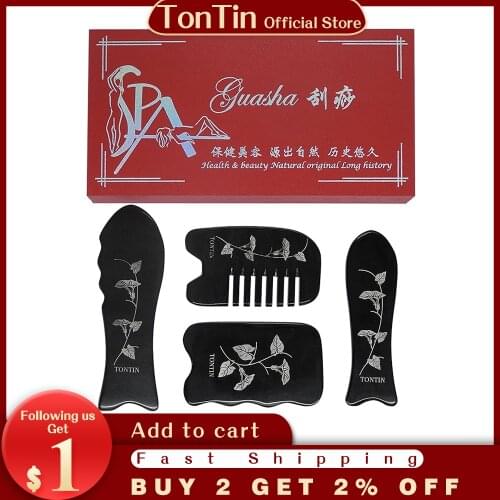 Tontin New Buffalo Ox Horn Engraved Designs Beauty Massage Guasha sraping tool 4 pcs per set gift Chart