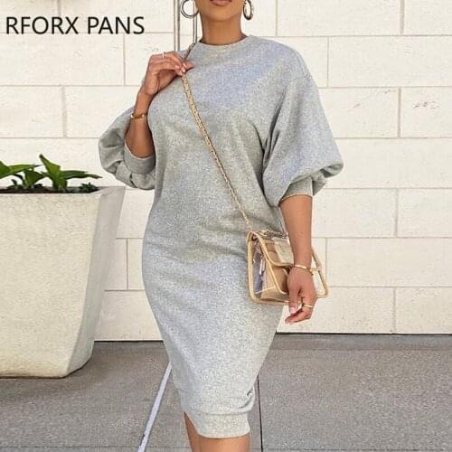 Women Solid Casual Round Neck Long Lantern Sleeves Midi Spring Gray Dresses