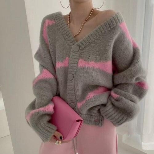 Pink Girlish Style Sexy Women Sweater Cardigan Clothes V-Neck Loose Lazy Autumn Korean Fashion Striped Oversized Jacket Blouse