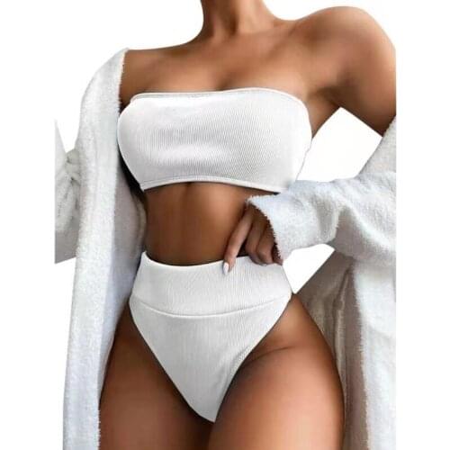 Women Sexy 2 Pieces Bikini Set Strapless Ribbed Bandeau Tube Top Micro Swimsuit High Waist Thong Simple Solid Color Bathing