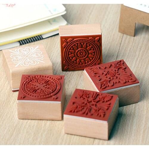 1 Pcs Vintage Square Wooden Stamp Lace Pattern Seal Rubber Stamps for Scrapbooking Journal Supplies