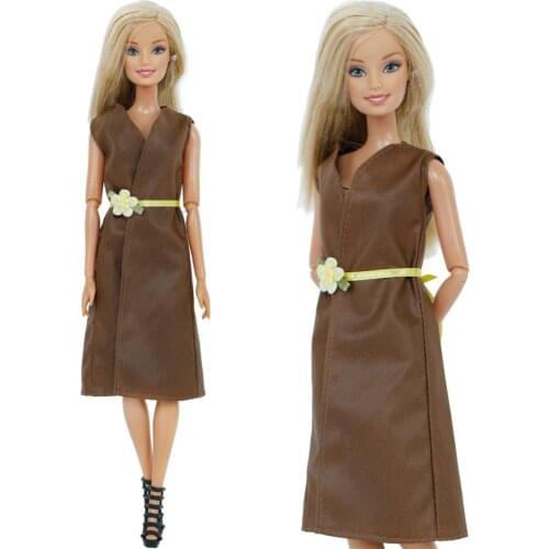 2 Pcs/Lot = 1x Elegance Brown Dress Flower Belt Skirt+ 1x Black High Heels Shoes Clothes for Barbie Doll 12'' Accessories