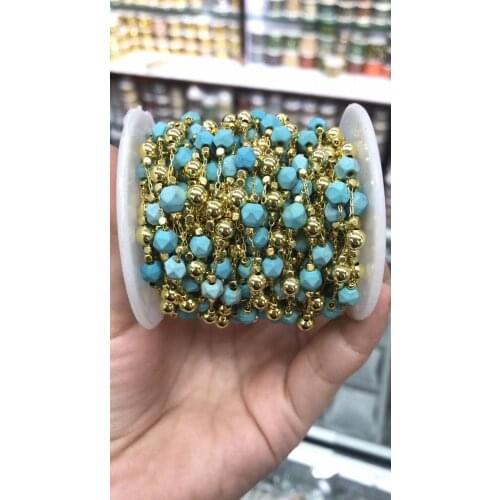 3M/packs Copper semiprecious stone jewelry making chain, turquoise gold plated flat gems beads connector findings