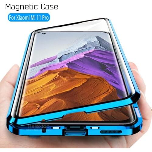 Mi11pro case 360° double-sided tempered glass metal bumperd magnetic flip case for xiaomi mi 11 pro mi 11pro coque fundas
