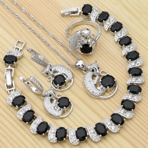 Black Fox 925 Silver Punk Jewelry Set For Women Party Acccessories Ring Bracelet Pendant Earrings Necklace Set