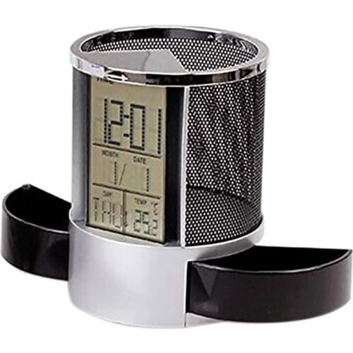 Digital Pen Holder, LCD Desk Alarm Clock Mesh Pen Holder Calendar Timer Temperature Calendar Table 2 Small Drawers