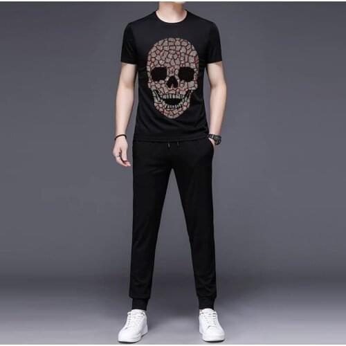 New Cotton T-Shirt Hot Diamond Shiny Skull Summer Mens Breathable Jogging Track Suit Sports And Bodybuilding 2-Piece Set