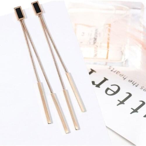Stainless steel rose gold cuboid long snake chain tassels drop earrings jewelry women fashion trend long chain earrings
