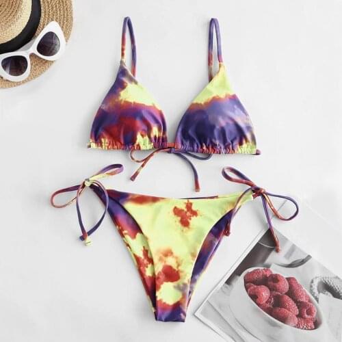 Bikini Set Two Piece Swimsuit Womens Sexy Tie-Dye Rainbow Multicolor Gradient Lace Up High Cut Leg Print 2021 fashion beachwear