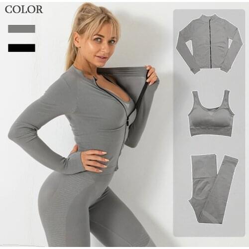 Seamless Women Yoga Suit Sportswear Workout Wear Fitness Long Sleeve Graphene Antibacterial Crop Top High Waist Leggings gym set