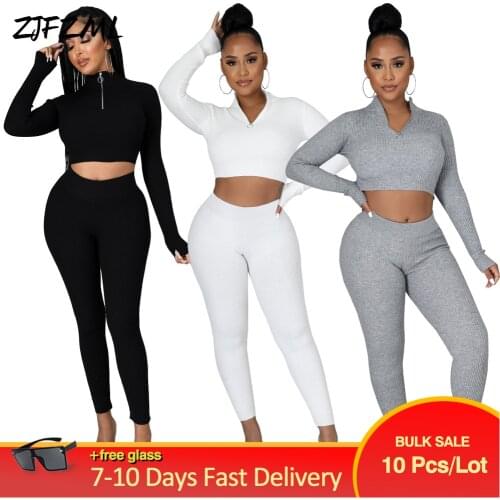 Bulk Items Wholesale Lots Ribbed Knitted Suit Womens Sport Suit Active Wear Stand Collar Long Sleeve Crop Top+skinny Legging