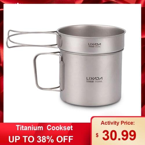 Lixada Ultralight Titanium 900/1100ml Pot and 350ml Fry Pan Cookset Outdoor Camping Picnic Cookware Set with Folding Handles