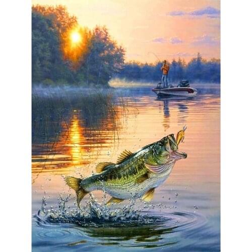 BMBY-Diamond Painting Kit Fish,Paint By Numbers Fisherman Full Drill Round Rhinestone Craft Canvas Fishing