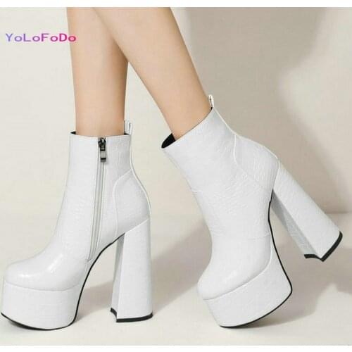 Plus Size 34-43 Women Motorcycle Boots Platform Super Square High Heel Women Ankle Boots PU Leather High Quality Womens Boots