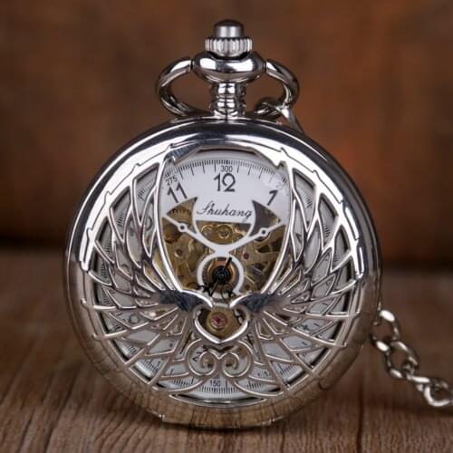 Luxury Mechanical Pocket Watches Angel Wings Hollow Hand Winding Pendant Pocket Watches for Mens Womens Sliver Fob Chain Watches