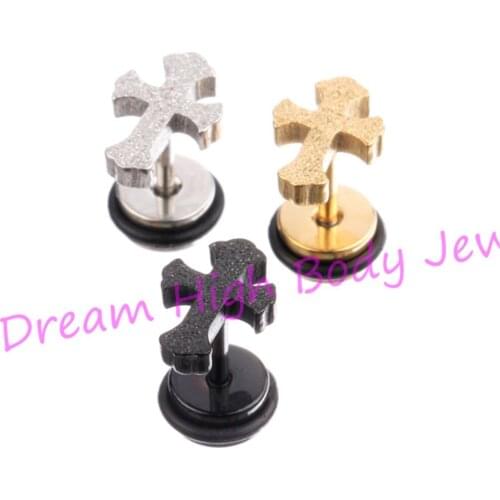 Newest style Cross Earring Ear Stud Nail Barbell dull polish Gold Black 316L Stainless Steel frosted Fashion Jewelry