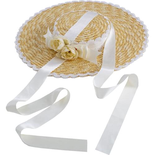 Sweet Straw Sun Hat Wide Brim Women Girls Handmade Lolita Afternoon Tea Ribbon Flower Pastoral Cap