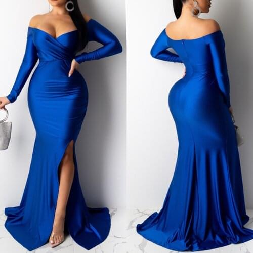 One Shoulder Padded Sexy Satin Maxi Dress Womens Evening Party Dress Gown with Ribbon Royal Blue Green Draped Long Dress 2021