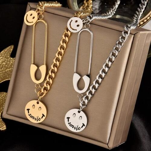 Titanium steel brooch smiling face necklace female niche design high sense INS cold wind personality disco long sweater chain