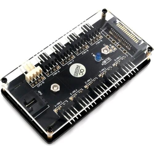 Chassis Fan and CPU Fan 10 way 12V 3/4 Pin PWM Fan Hub Controller with PMMA case and Magnetic standoff power from SATA Power