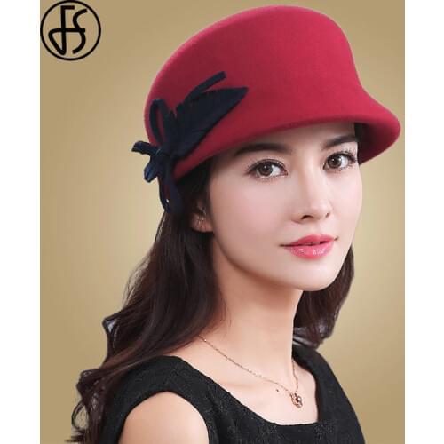 FS Wide Brim Wool Hat Winter Beret Women Elegant Black Red Felt Cloche Bowler Cap Octagonal Baker Peaked Berets With Bowknot