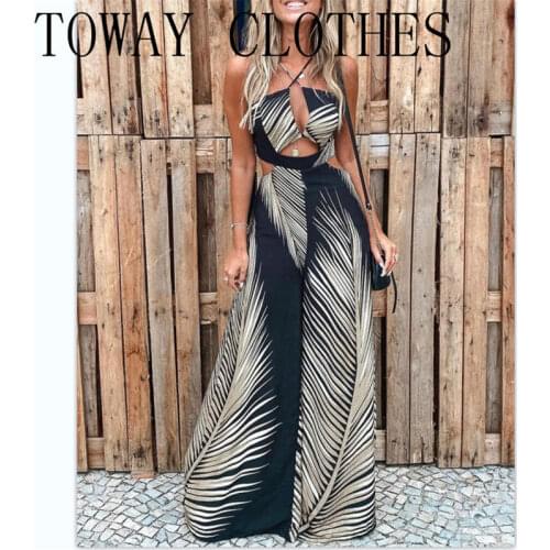 Summer Women Leaf Print Cut Out Patchwork Jumpsuit Femme Elegant Halter Sleeveless Pants Office Lady Casual Overalls 2021 traf
