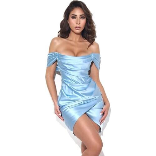 Vintage Satin Sexy Off Shoulder Casual Slim Blue Women Summer Party Dress Femme French Vestidos Pleat Club Mini Robe 2021 31107