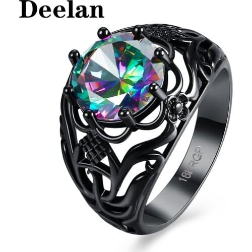 DEELAN Women Hollow out Flower Black Gun Plated Retro Lady Rings Jewelry Fashion Round Rainbow Austrian Crystals Ring Gifts