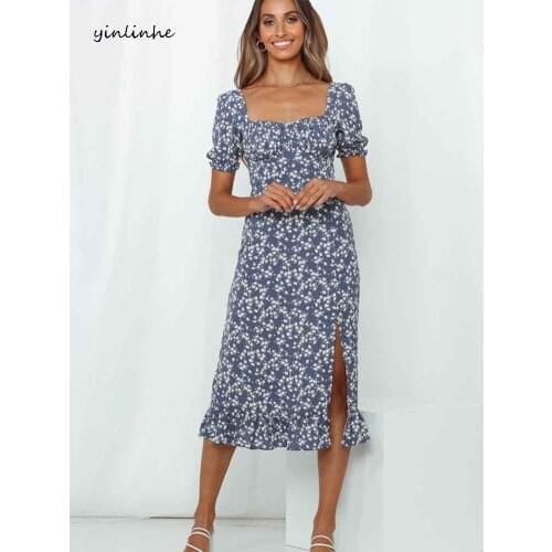 Yinlinhe Navy Blue Floral Dress Women Square Collar Summer Dress Short Sleeve Elastic High Waist Vintage Dress Split Outfit 1846