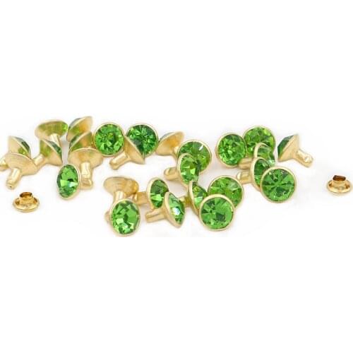 100Sets 8mm Peridot Crystal Rhinestone Rivets Golden Metal Base Studs For Clothing Bag Leathercraft Rivet