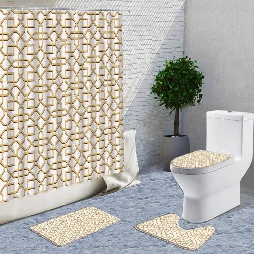 3D Geometric Grid Shower Curtain Home Decorative Curtain For Bathroom Bathtub Non-Slip Flannel Bath Mat Toilet Cover 4pcs Set
