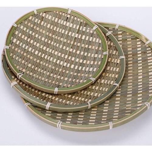 Round Bamboo Tray Boho Chic Wicker Tray Woven Rattan Flat Vegetables Fruit Basket Kitchen Farmhouse Storage