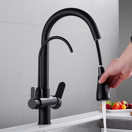 Deck Mounted Black Kitchen Faucets Pull Out Hot Cold Water Filter Tap for Kitchen Three Ways Sink Mixer Kitchen Faucet ELK9139B