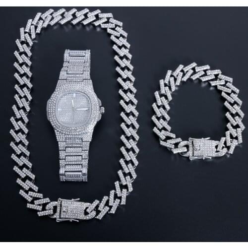 Silver Color Necklace +Watch+Bracelet Hip Hop Miami Curb Cuban Chain Iced Out Paved Rhinestones CZ Bling Jewelry For Men 19MM