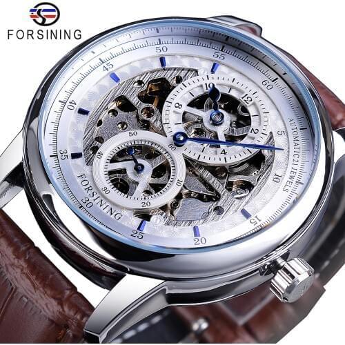 Forsining Skeleton White Dial Automatic Mechanical Watch Brown Genuine Leather Band Waterproof Wristwatch Top Brand Men Watches
