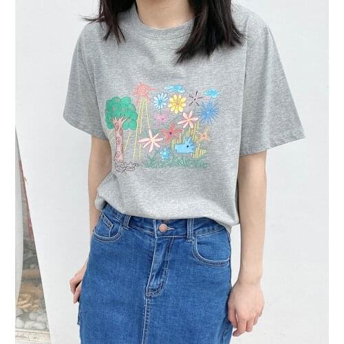 Womens Summer T Shirt Short Sleeve Flower Print Women Casual White T-Shirts Fashion Cotton Tops For Women Tees Blusa