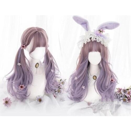 Lolita 60CM Long Curly Mixed Purple Gradient Ombre Cute With Bangs Synthetic Hair Cosplay Wig D112