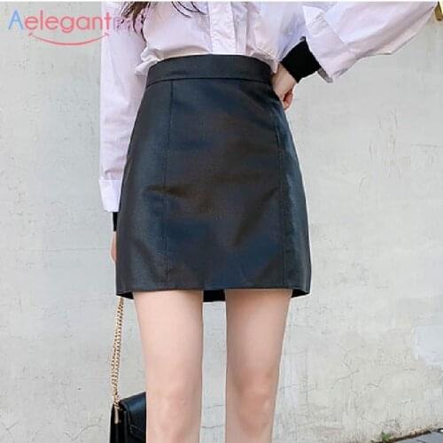 Aelegantmis Women Pu Leather Skirt Casual High Waist Mini Skirt Ladies Summer Fashion Elegant A-line Short Skirts Faux Leather
