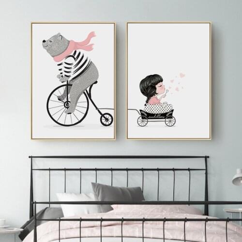 Cartoon Bear Ride a bike Nordic Girl Child Posters Canvas Painting Nursery Bedroom Wall Art Pictures For Baby Kids Room Decor