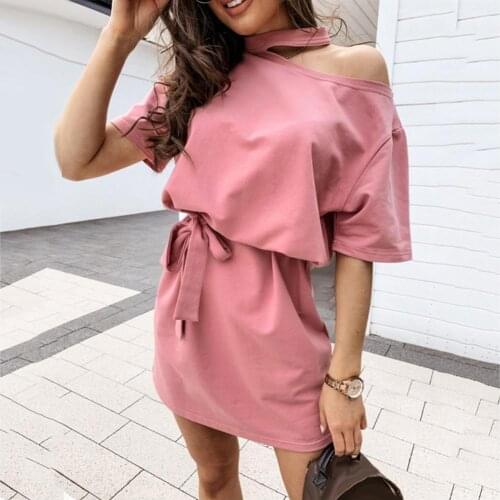 Sexy Off Shoulder Solid Color Women Shirts 2020 New Summer Short Sleeve Tops Casual Halter Neck Open Back Ladies Dress