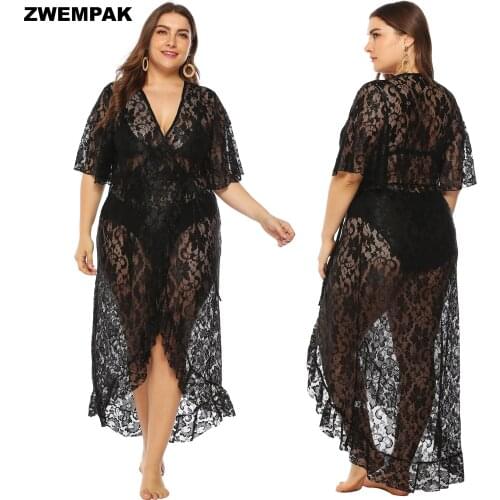 Casual Black Lace Plus Size Cover Up Beachwear Crochet Loose Cardigan Swimwear Sexy Ruffled Beach Dress For Women