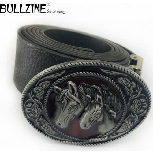 Bullzine zinc alloy retro western Double Horse belt buckle jeans gift belt buckle Free PU belt FP-02633 drop shipping