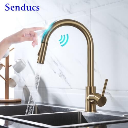Touch Faucet Luxury Brushed Gold Pull Out Kitchen Sink Faucets Intelligent Sensitive Touch Kitchen Tap Smart Sensor Kitchen Taps