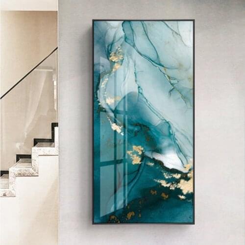 Modern abstract green gold leaf canvas art fashion blue poster and print wall image for living room elegant cuadro decorative