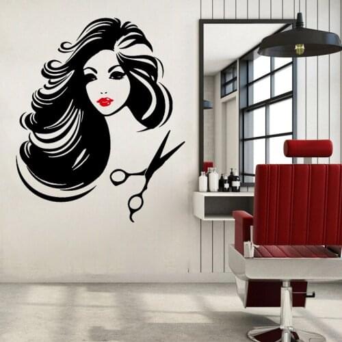 Hair Salon Wall Sticker Red Lips Sexy Woman Vinyl Decal Barber Shop Window Decoration Hairdress Studio Stickers Scissors
