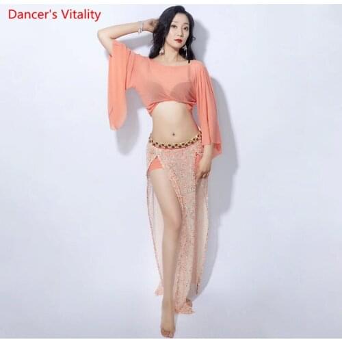 Belly Dance Female Elegant Top Practice Clothes New Refreshing Lotus Leaf Sleeves Sequin Skirt Performance Clothing Suit
