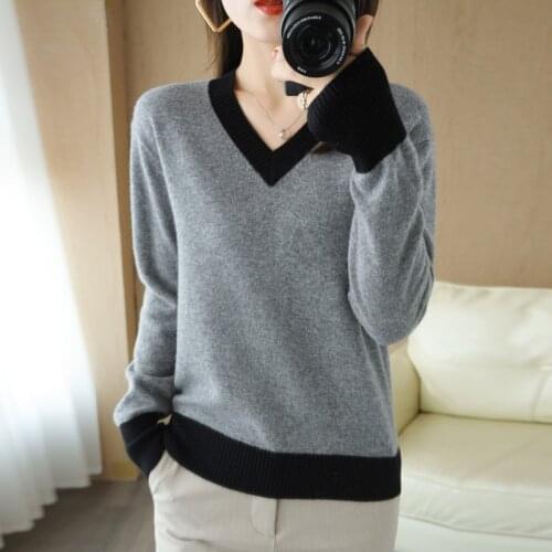 2021 woman winter 100% Cashmere sweaters knitted Pullovers jumper Warm Female V-neck blouse blue long sleeve clothing