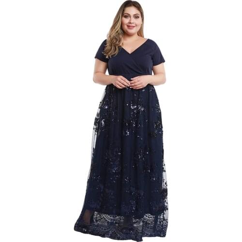 Women Dress Plus Size Summer V Neck Short Sleeve Elegant Sequied Floor Length Long Party Dress Ladies Tunic Maxi Long Dresses