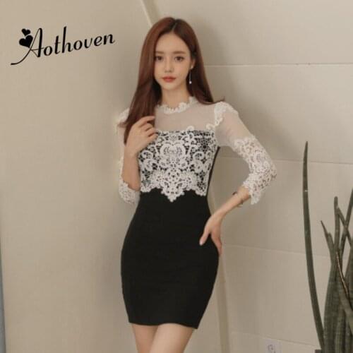 Autumn Women Dress Patchwork Black White Lace Mini Dress O Neck Bandage Slim Sexy Party Bodycon Vintage Dresses 2018 Vestidos