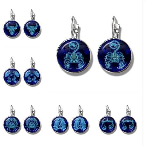 12 Constellation Earrings Simple Style Glass Dome Jewelry Zodiac Sign Ear Stud Earring for Women Girls Birthday Gift 2021